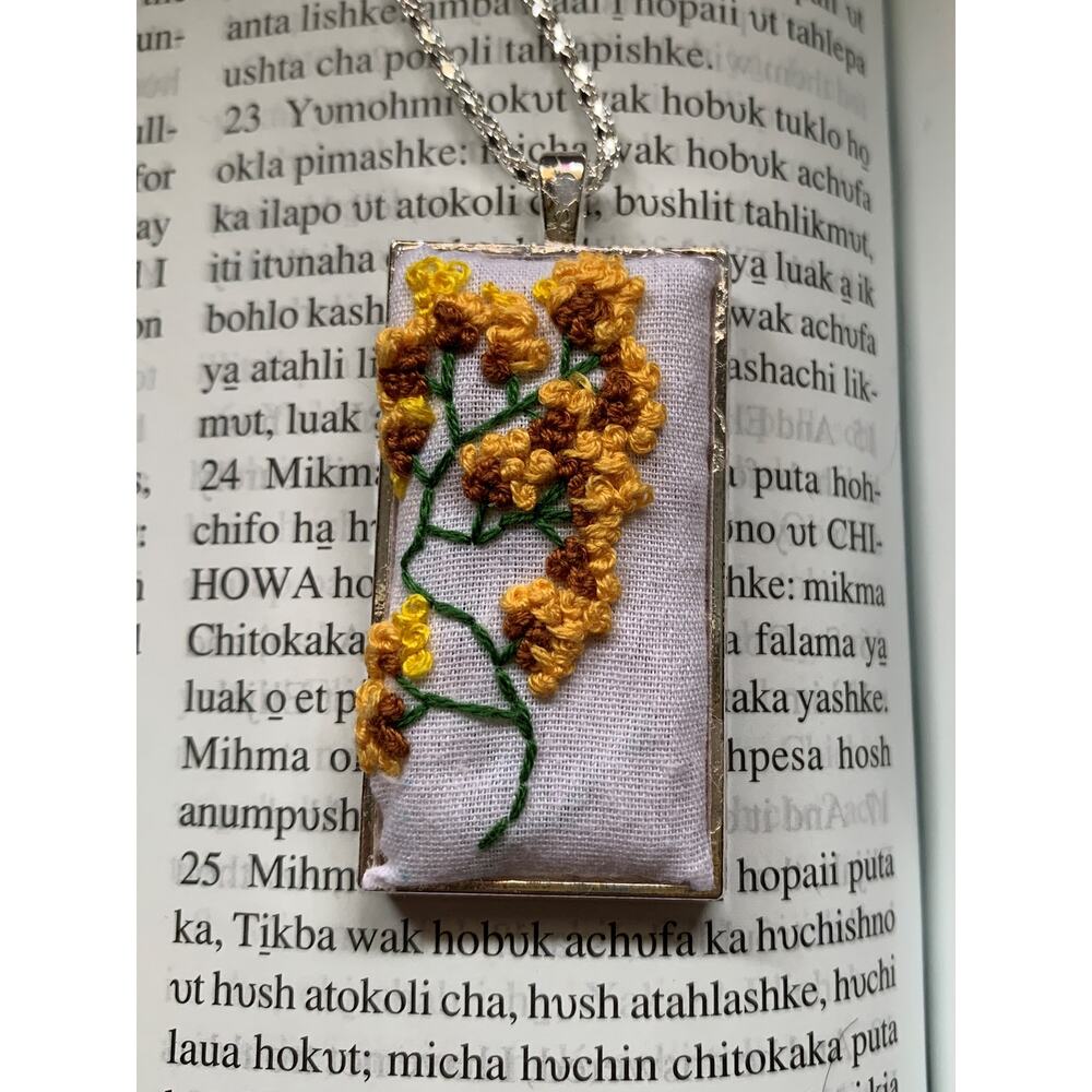 Handmade Embroidered Yellow Necklace in Rectangle Bezel - Picture 3 of 5